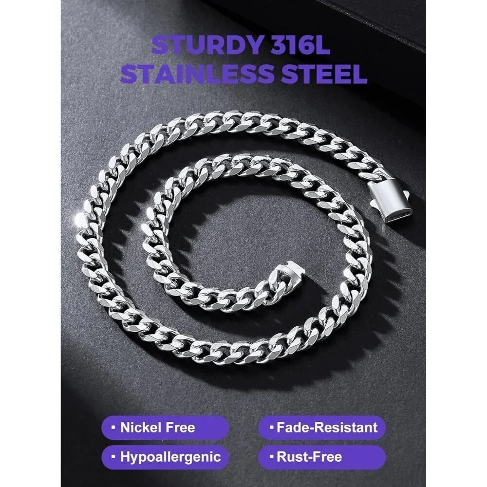 Men's 9MM Width-Steel Stainless Steel Miami Cuban Curb Link Chain Necklace